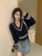 学院风撞色V领麻花毛衣女秋冬宽松慵懒软糯针织衫高级感短款上衣