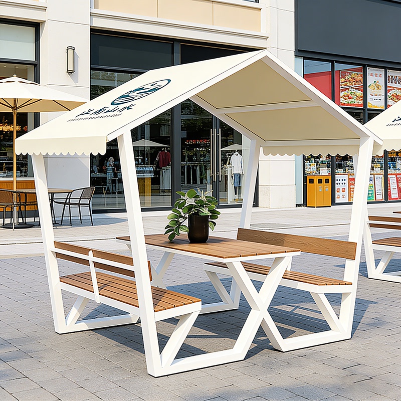 Modern Minimalist Outdoor Furniture with Awning, Integrated Tables and Chairs for Coffee Shops, Milk Tea Shops, and Commercial Streets, High Aesthetic Tables and Chairs Modern Minimalist Outdoor Furniture with Awning, Integrated Tables and Chairs for Coffee Shops, Milk Tea Shops, and Commercial Streets, High Aesthetic Tables and Chairs