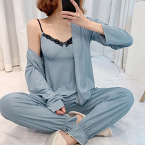 Pajamas womens three-piece spring and autumn cotton belt chest pad thin sexy suspender Japanese cotton home suit summer