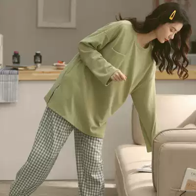 Pajamas women's 2021 new autumn and winter pure cotton solid color long sleeves can be worn outside spring and autumn home clothes two-piece suit