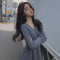 V-collar long short knee Net red sweater skirt small man with medium long high waist knitted dress women autumn and winter