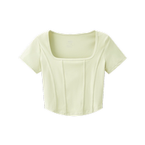 Sanfu womens autumn structured short-sleeved pullover yoga wear fishbone stitching square collar short top 488095