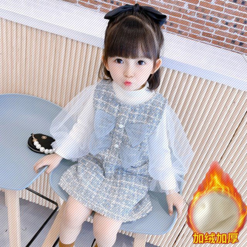 Girls autumn and winter dress padded 2021 new net red set baby girl bubble sleeve short skirt two sets