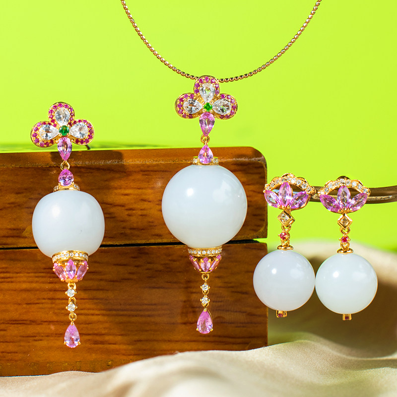 Orchid Jin Jewellery and Tian jade pendant female round pearl earbuds with old pearl ears Xinjiang sheep fat white jade seed hanging pendant-Taobao