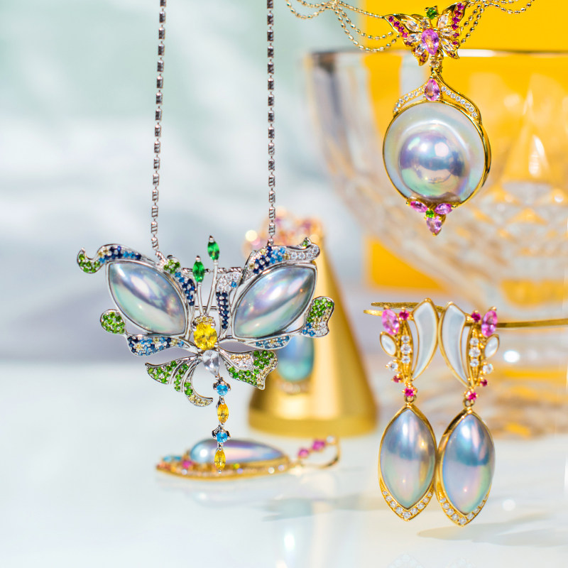 Orchid Jin jewelry high-definition Japanese seawater mobei pearl pendant female Aurora colorful earrings 18K gold inlaid