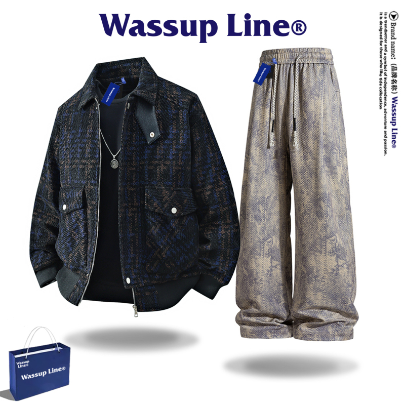 Wassup Line Trendy Brand Jacket Set Men's Retro Plaid Spring and Autumn Loose Jacket Men's Casual Two-Piece Set