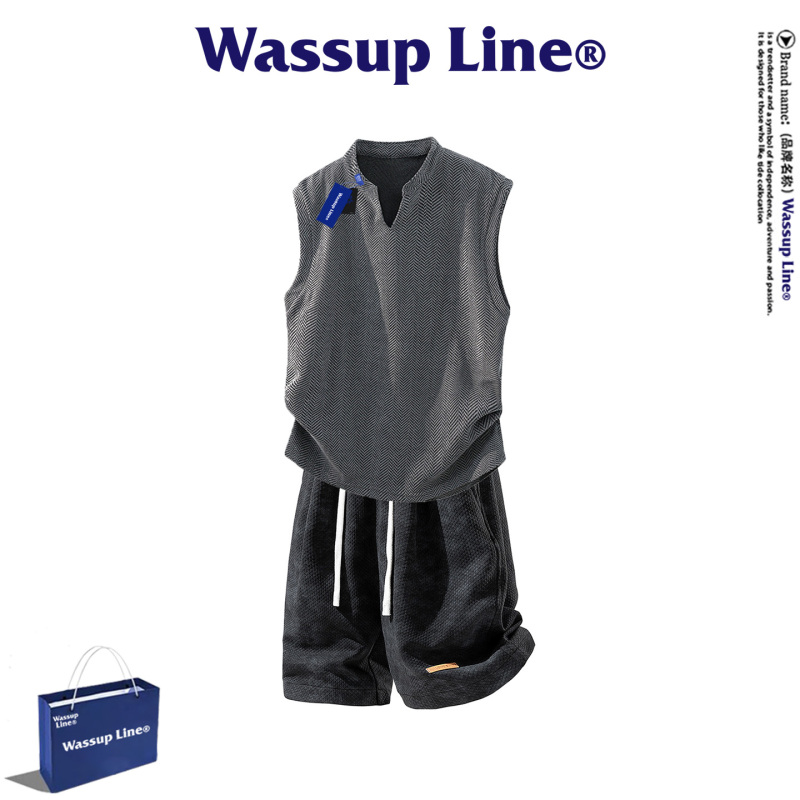Wassup Line Trendy Casual Sports Suit for Men, Summer Sleeveless Vest, Tie-Dye Shorts, Fashionable Two-Piece Set