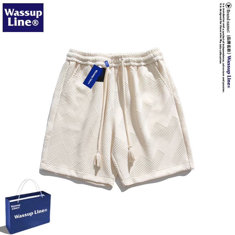 Wassup Line Trendy Brand Men's Summer Shorts with Square Jacquard Pattern, Solid Color, Versatile, Loose and Casual Shorts