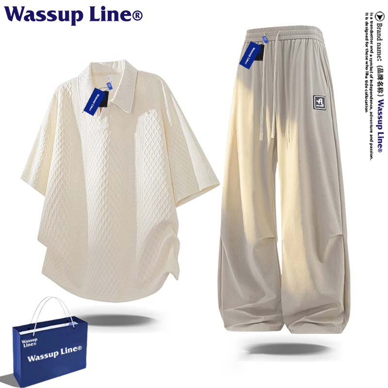 Wassup Line Trendy American Style Suit Men's Shorts Summer Thin Short-Sleeved Polo Shirt Loose Two-Piece Set Wassup Line Trendy American Style Suit Men's Shorts Summer Thin Short-Sleeved Polo Shirt Loose Two-Piece Set