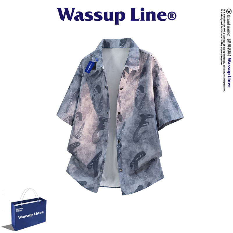 Wassup Line Trendy Casual Short-Sleeved Shirt Men's Cardigan Lapel Summer Loose Fashion Printed Top Men