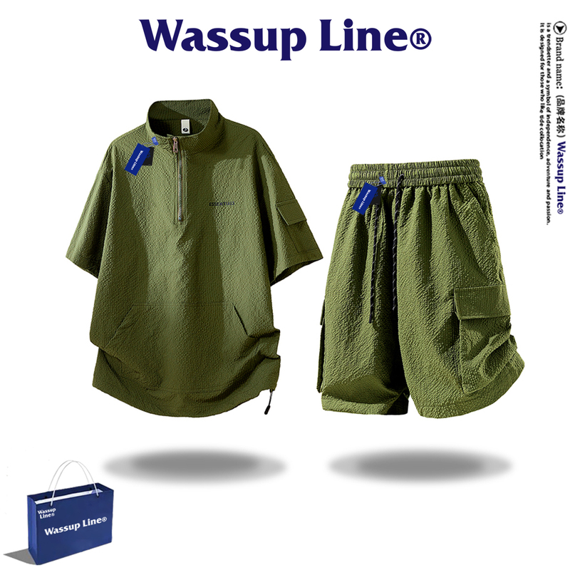 Wassup Line Trendy Fashion Versatile Set for Men, Summer Stand Collar Short-Sleeve T-Shirt and Casual Shorts Two-Piece Set