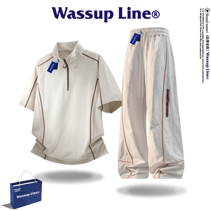 Wassup Line Trendy Casual Fashion Suit for Men, Summer Stand-Up Collar Short-Sleeved T-Shirt and Sports Pants Two-Piece Set