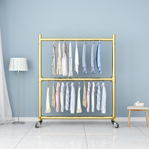 Clothing store display rack mobile double-layer hanger floor-to-ceiling bedroom household coat rack drying clothes rack with wheels