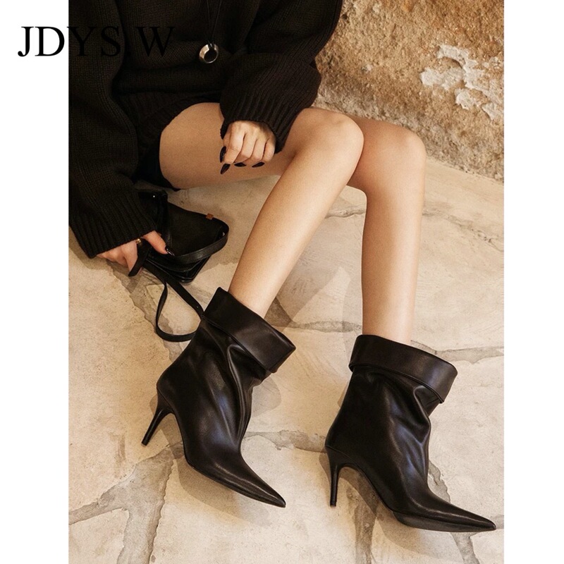 Jdys.W 【Foldable 2-in-1 Soft Leather Style】Large Calf Circumference Simple Straight Thin Heel Square Heel Pointed Toe Mid-Calf Boots Short Boots Jdys.W 【Foldable 2-in-1 Soft Leather Style】Large Calf Circumference Simple Straight Thin Heel Square Heel Pointed Toe Mid-Calf Boots Short Boots