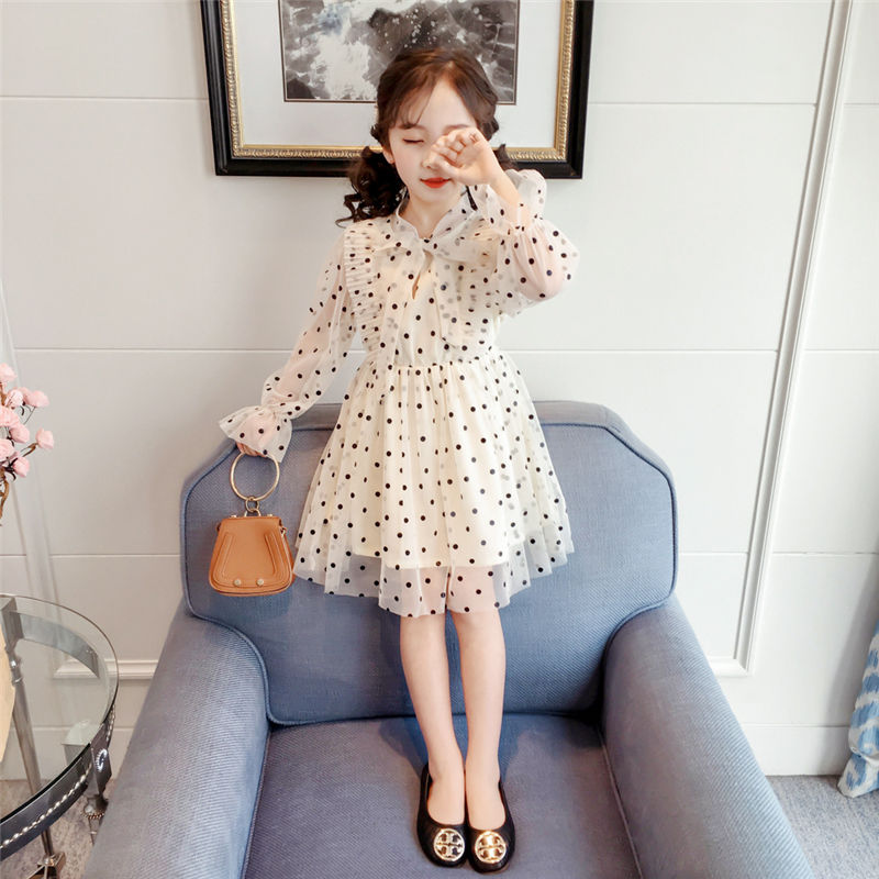 Girls autumn thin polka dot dress 2021 new girl gauze princess dress baby girl foreign pie fluffy dress