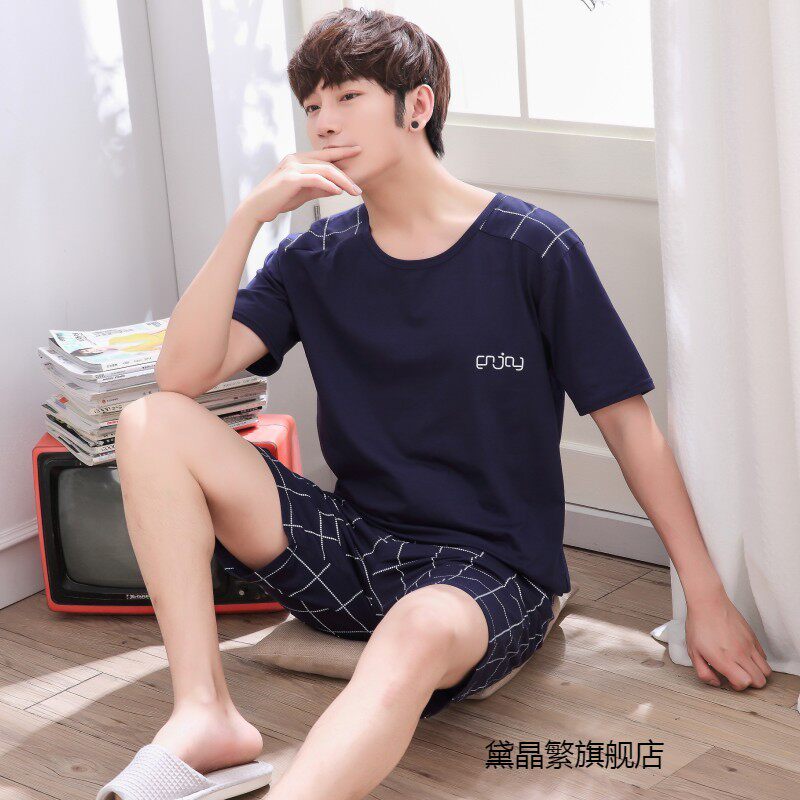 Pajamas Male Summer Pure Cotton Short Sleeve Summer Male Style Youth Vest Shorts Boys Full Cotton Home Suit Suit Increase Code