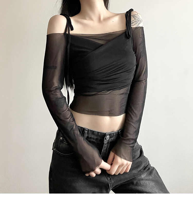 WEIRD PUSS Internet Celebrity Ins Cool Spicy Girl Style Off-Shoulder Mesh Patchwork Slim Fit Vielseitig Langarm_voghion.com