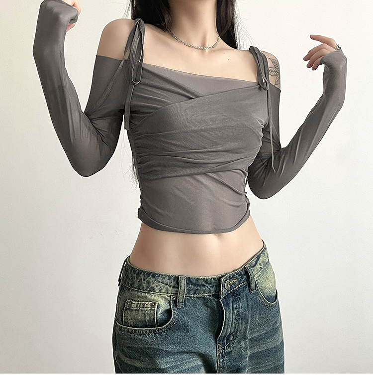 WEIRD PUSS Internet Celebrity Ins Cool Spicy Girl Style Off-Shoulder Mesh Patchwork Slim Fit Vielseitig Langarm_voghion.com