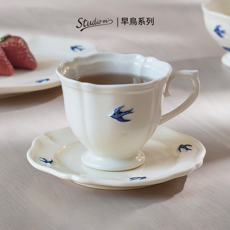 Japanese Studio m Embossed Ceramic Mug and Saucer Set Afternoon Tea Cup Water Cup Coffee Cup Vintage Tableware