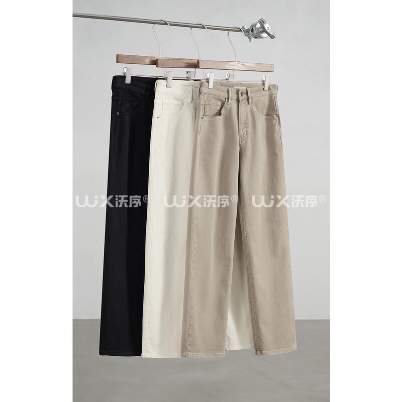 Wo Xiu 11.4 oz Spring Season Lyocell Cotton Blend Pearl Canvas Texture Drapey Straight-Leg Washed Jeans for Men