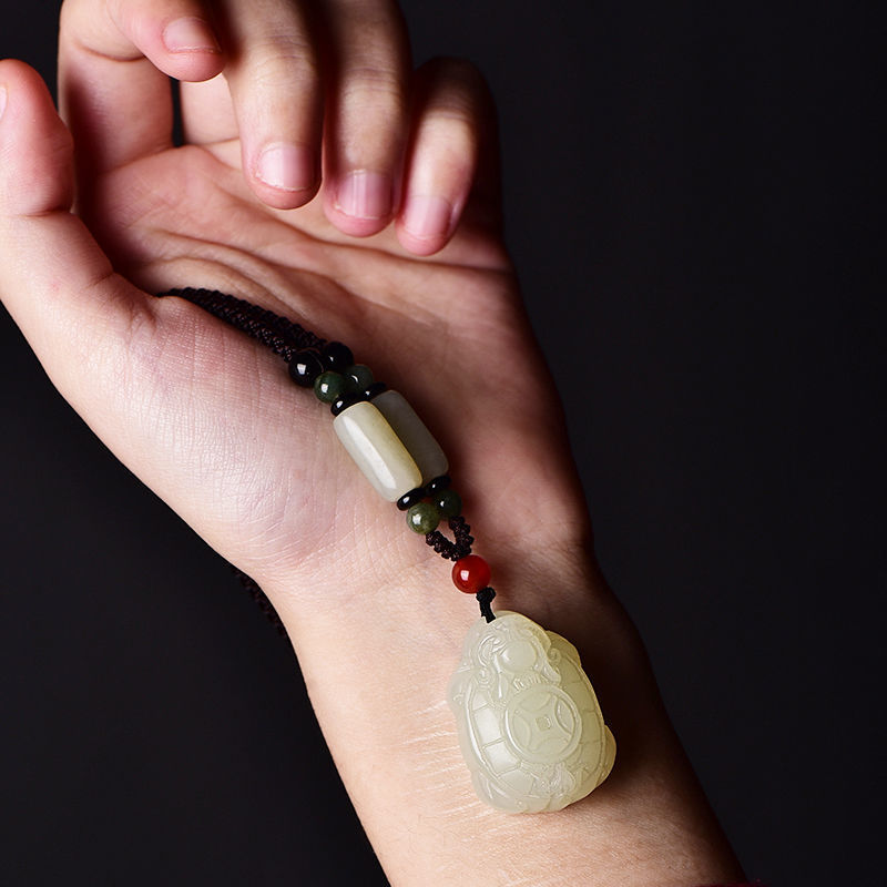 Natural White Jade Dragon Turtle Pendant Sweater Chain Ping An Buckle Female Jade Pendant Jade Pendant Necklace Versatile Ethnic Couples