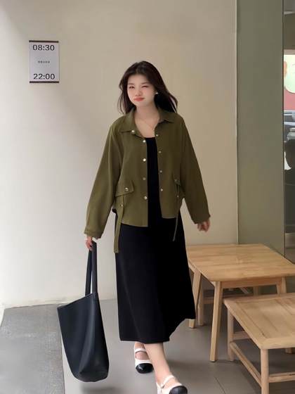 微胖的喵喵 梨形mm春季遮肉显瘦气质百搭衬衫连衣裙大码女装套装