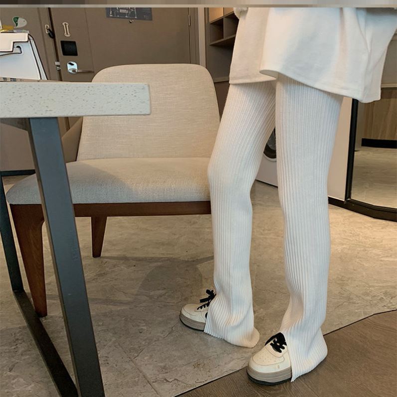 Fork knitted slit mop pants plus velvet high waist small size lengthened padded casual pants winter sag