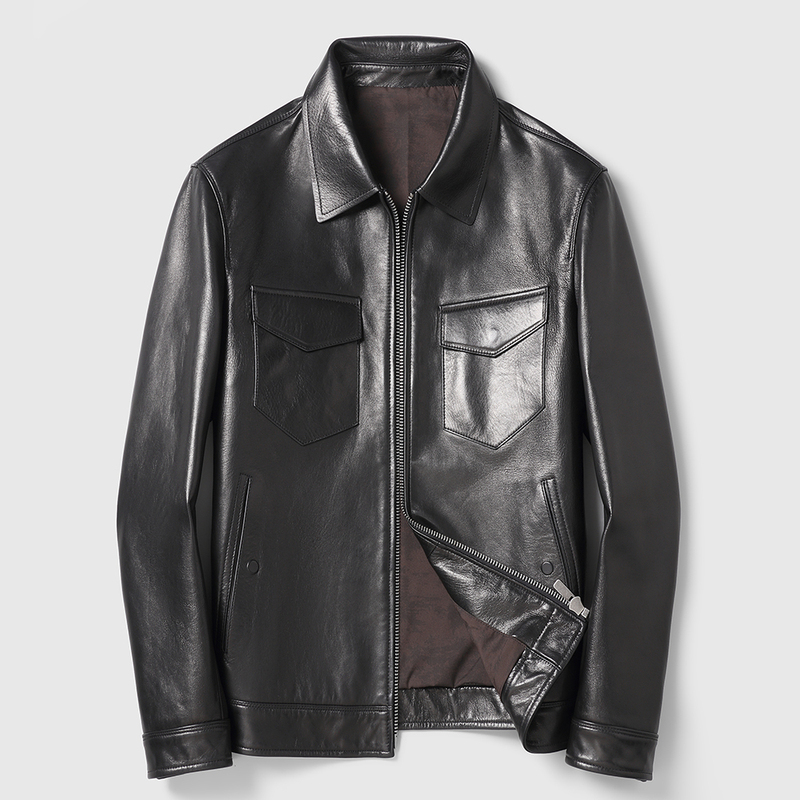 New Style Genuine Leather Jacket for Men, Short Style with Turn-Down Collar, Vegetable-Tanned Goatskin, Slim-Fit Leather Jacket, Casual Business Autumn Coat New Style Genuine Leather Jacket for Men, Short Style with Turn-Down Collar, Vegetable-Tanned Goatskin, Slim-Fit Leather Jacket, Casual Business Autumn Coat