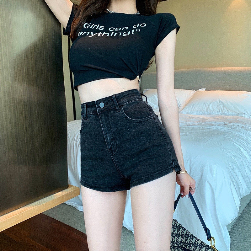 Black denim shorts women's super high waist slim 2021 summer New loose hot pants waist a hot pants
