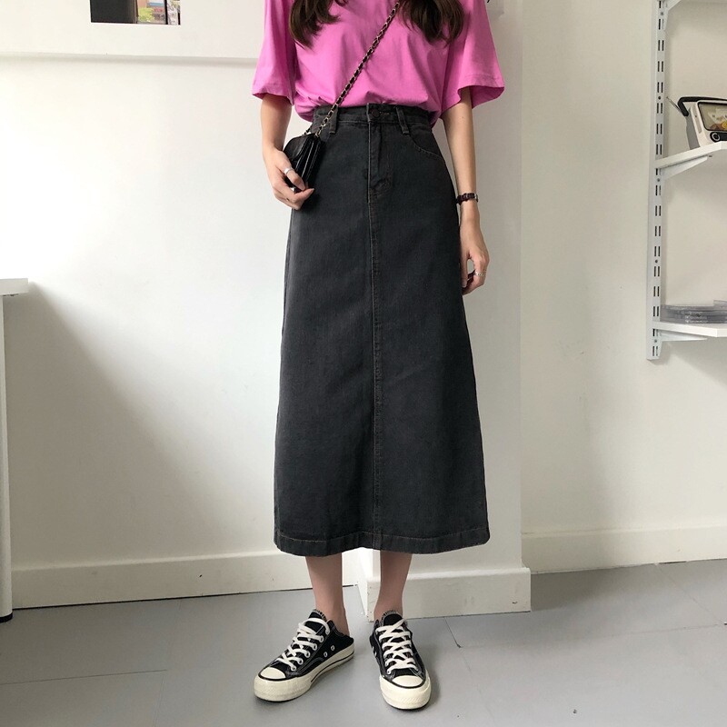 Black Denim Half Body Dress Woman 2022 New Korean version Loose A Character Open Fork Slim Fit Slim Fit Slim Half Body Long Dress