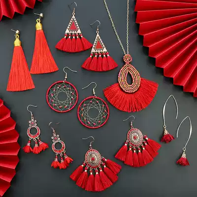 Festive text New Year asymmetrical red ear pins Simple ear hook earrings tassel earrings Bride Chinese ethnic style earrings