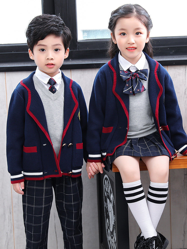 Kindergarten garden uniform sweater suit boys and girls class clothes British style spring and autumn four-piece set of cotton school uniforms for primary school students