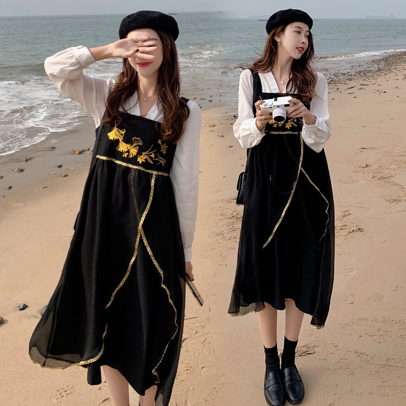Pregnant women spring dress mid-length version Western style Han element shirt suspender skirt suit temperament net red tide mom fashion