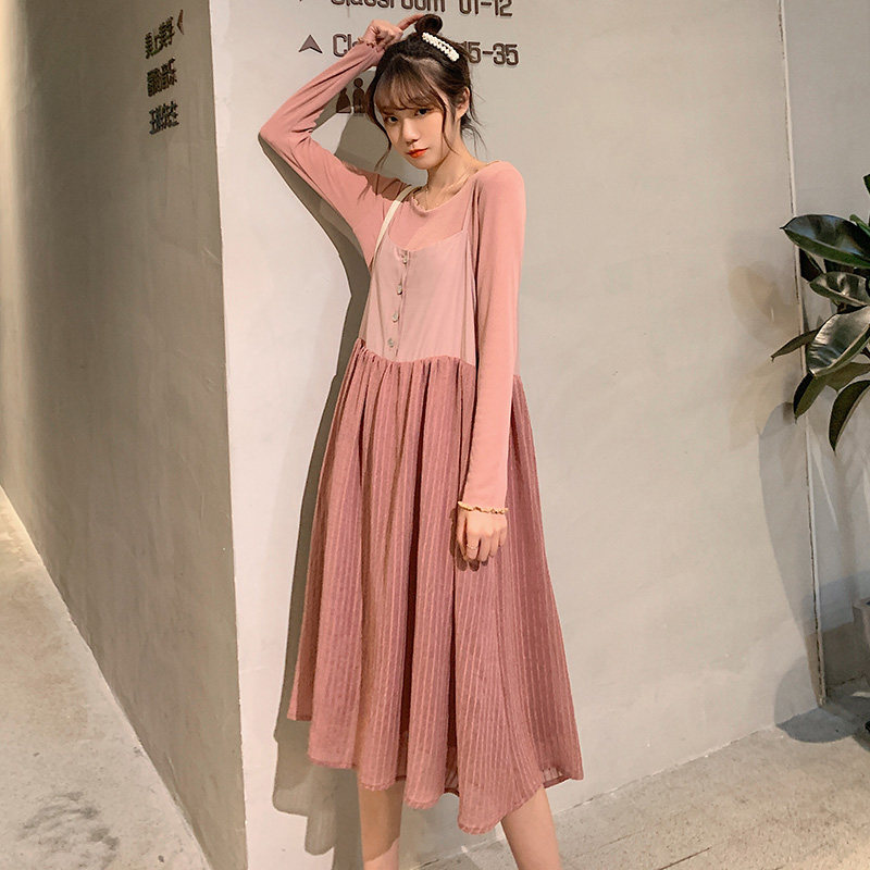 Autumn dress new maternity dress mid-length age reduction temperament lace thin slip skirt two-piece set of hip hot mom