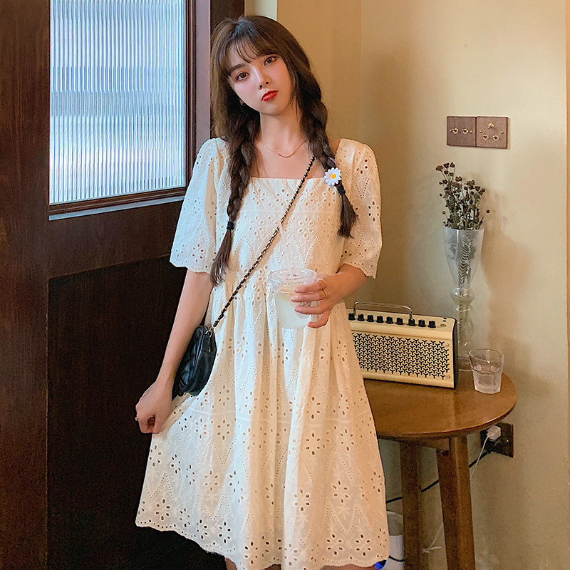 Summer dress maternity dress loose fashion small fresh cotton square collar hollow top Western style net red tide mother skirt