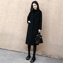 Medium and long woolen coat women's autumn and winter new Korean version of loose slim knee long black woolen coat