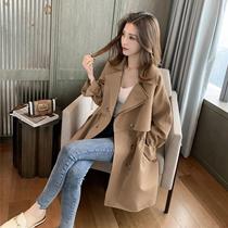Double-row buttoned windjersey woman mid-length spring autumn new student Korean version 100 hitch loose suit collar casual thin jacket