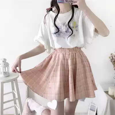 Soft Girl Set White T-shirt Short Sleeve Women Loose Japanese College hipster Plaid Short Skirt Skirt Two Piece Set