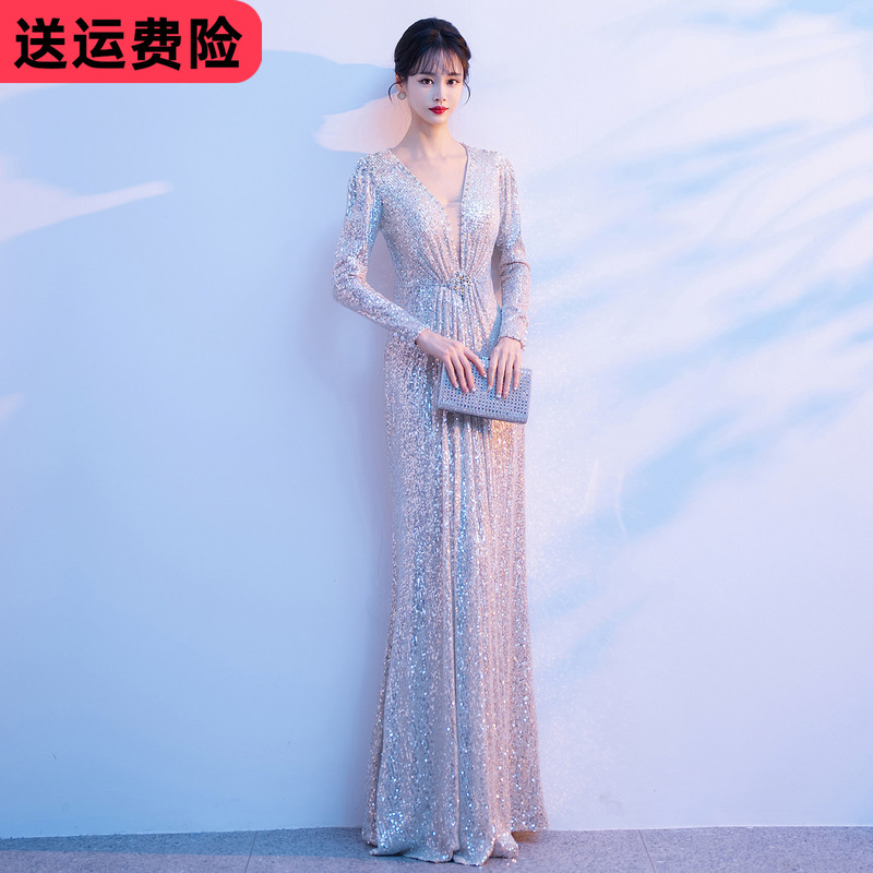 Sequined Host Evening Dress, Dignified and Elegant, Plus-Size V-Neck Choir Conductor Banquet Performance Outfit, Suitable for Everyday Wear Sequined Host Evening Dress, Dignified and Elegant, Plus-Size V-Neck Choir Conductor Banquet Performance Outfit, Suitable for Everyday Wear