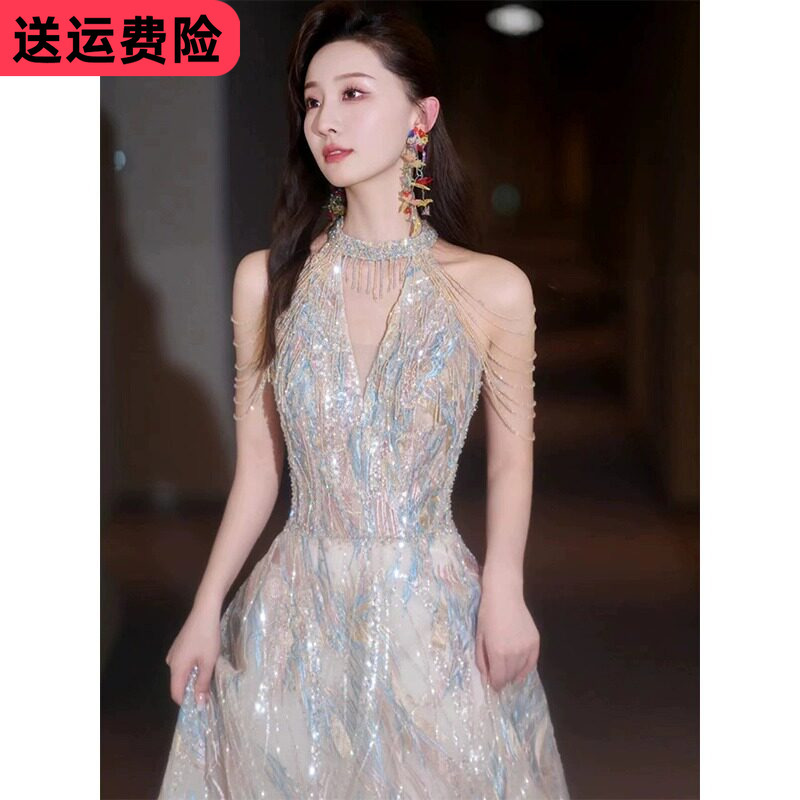 Halter-Neck Heavy-Duty Evening Dress, High-End Sparkling Toast Dress, Host Stage Banquet Performance Dress, Slimming, Light Luxury, Plus Size
