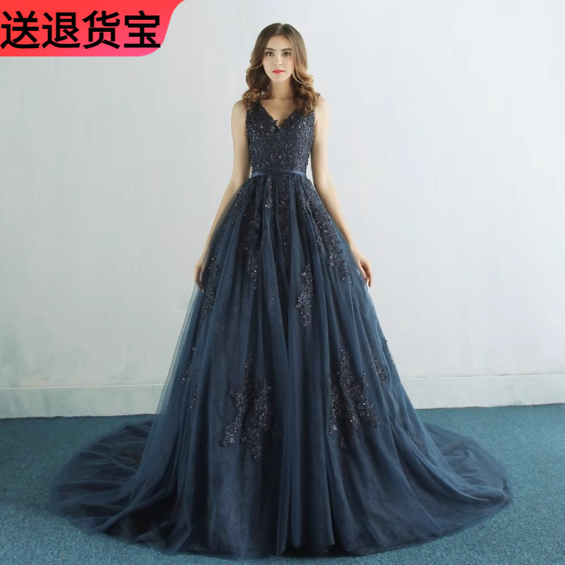Evening Dress in Navy Blue, 2026 New Model, High-End Hostess Gown for Coming-Of-Age Ceremony, Dinner Party, Engagement, Bride's Toast Dress with Train