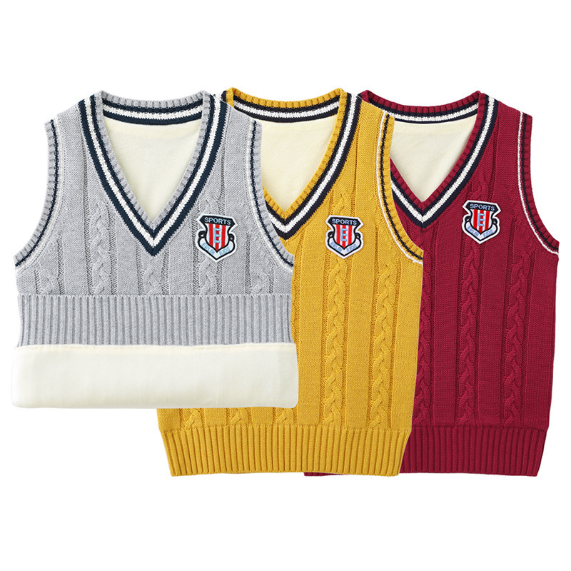 Autumn and Winter Fleece-Lined Children's School Uniform Pure Cotton Thickened Boys' Sweater Vest Girls' Knitted Vest Warm Top