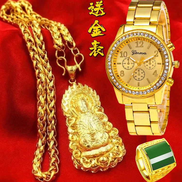 (sending a gold meter) Yue Nansha gold necklace pendant large gold chain personality wave men and women gold-plated jewellery for a long time not to lose color