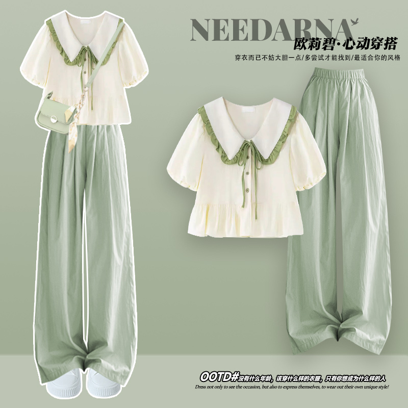 Summer Outfit with a Complete Korean-Style Dopamine Outfit, Fresh and Simple Set, Petite Casual Yamamoto Pants Two-Piece Set Summer Outfit with a Complete Korean-Style Dopamine Outfit, Fresh and Simple Set, Petite Casual Yamamoto Pants Two-Piece Set