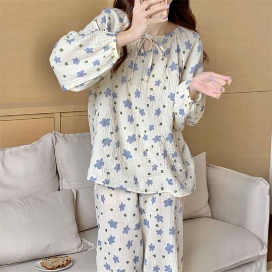 Bubble cotton girl pajamas for women spring and autumn flower print round neck pullover student couple swimsuit suit