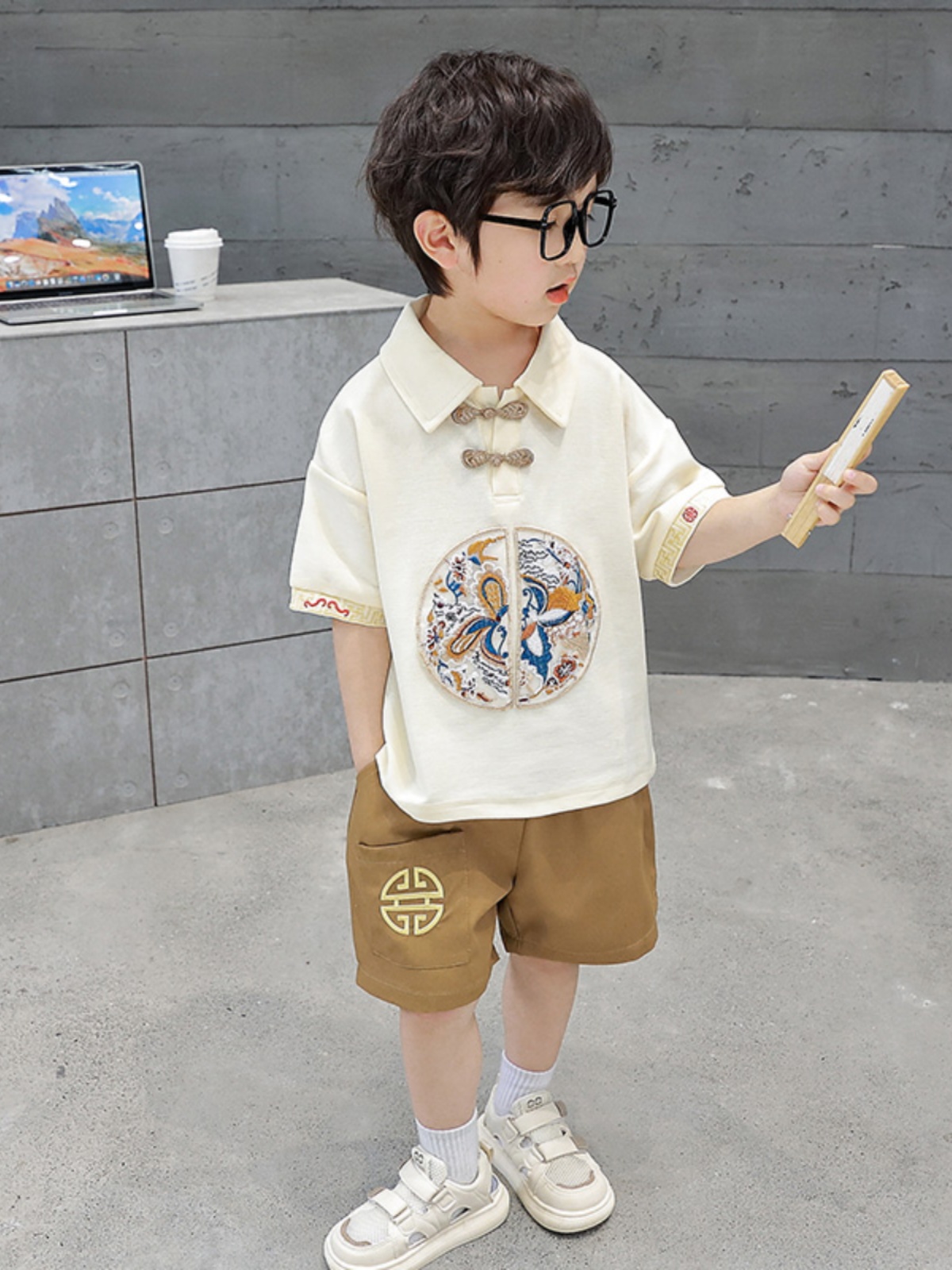 <!--男童夏季汉服短袖套装2024新款中国风儿童Polo衫酷帅运动男孩夏装-->