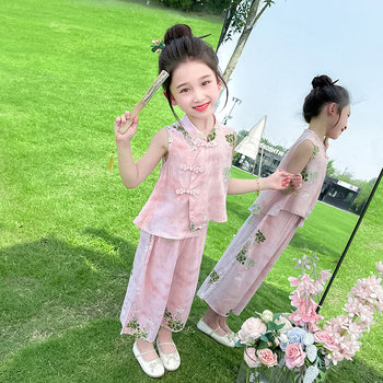 Girls' Summer Sleeveless Outfit 2025 New Stylish and Fashionable Thin Vest Set for Children, New Chinese-Style Two-Piece Set for Babies
