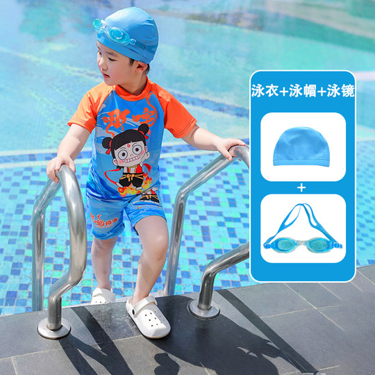 Children's Swimwear for Boys, Summer Professional Sun Protection Two-Piece Swimsuit, Swim Trunks for Boys, Nezha Quick-Drying Short-Sleeved Swimming Clothes