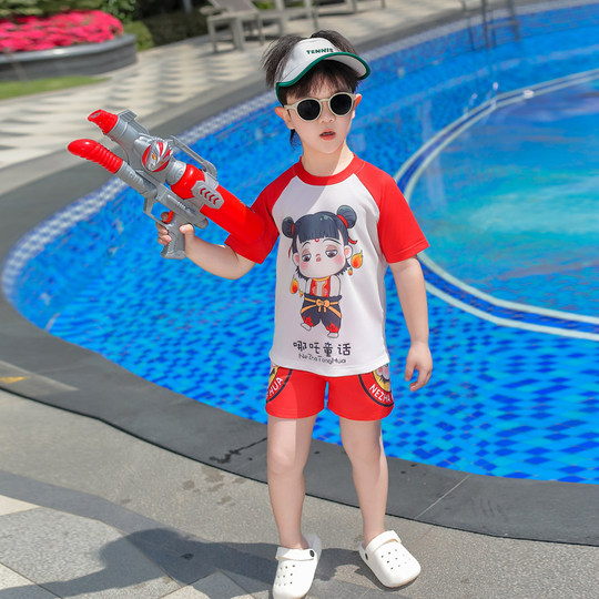 Children's Swimwear for Boys, Summer Professional Sun Protection Two-Piece Swimsuit, Swim Trunks for Boys, Nezha Quick-Drying Short-Sleeved Swimming Clothes