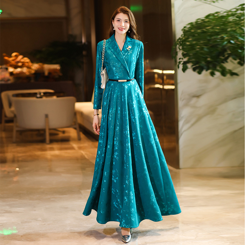 Lake Blue Long Dress for Women 2025 Autumn New High-End Luxury Slim Fit Elegant Slimming Maxi Dress That Reaches the Ankles